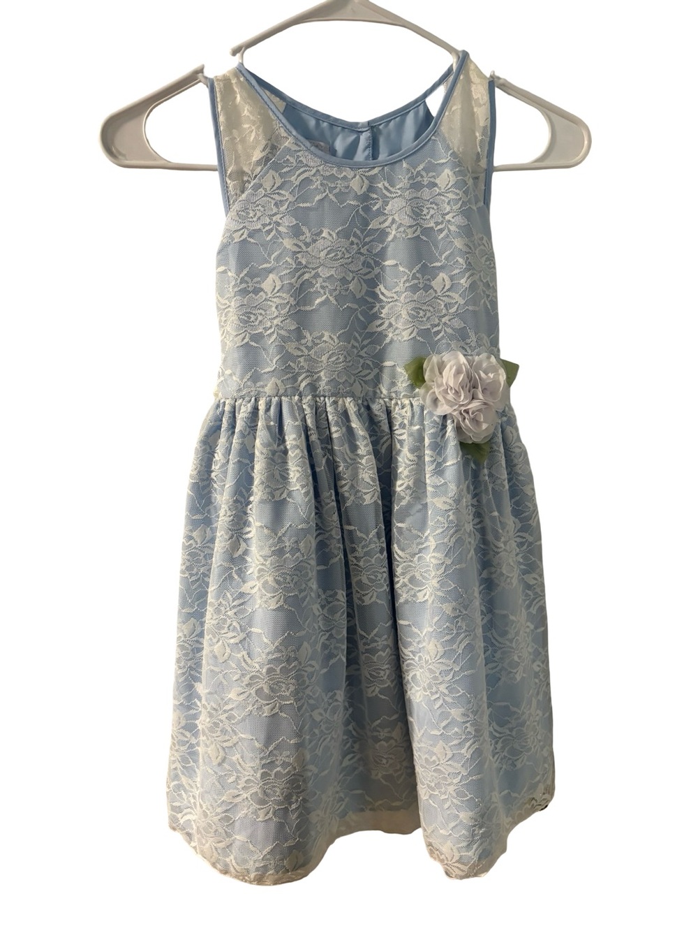 Girls VTG Inspired Light Blue Lace Party Event Dress with Floral Accent Size 7